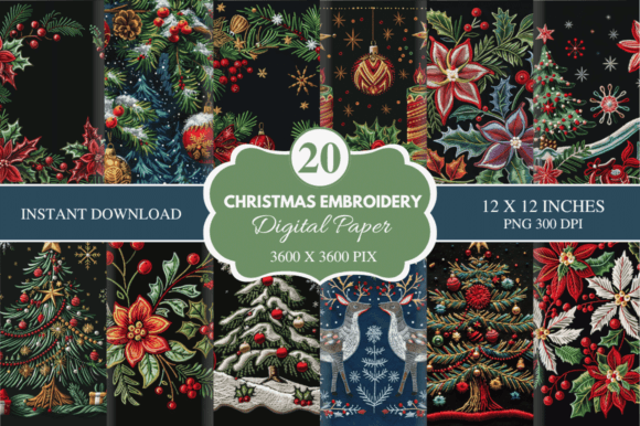 Christmas Embroidery Digital Paper Bundle